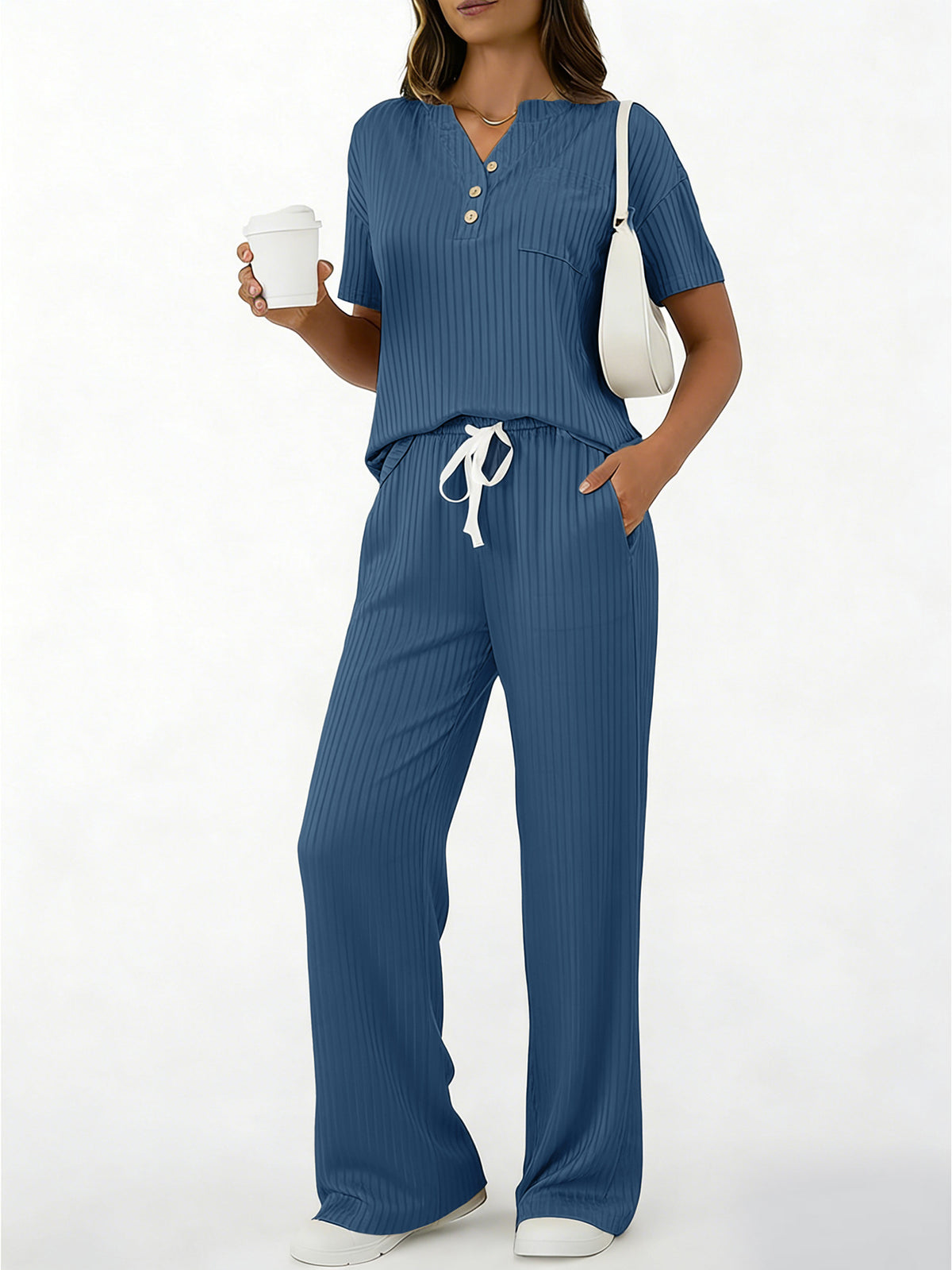 American Style Casual Ribbed Knit Two-piece Women set - Blue / L