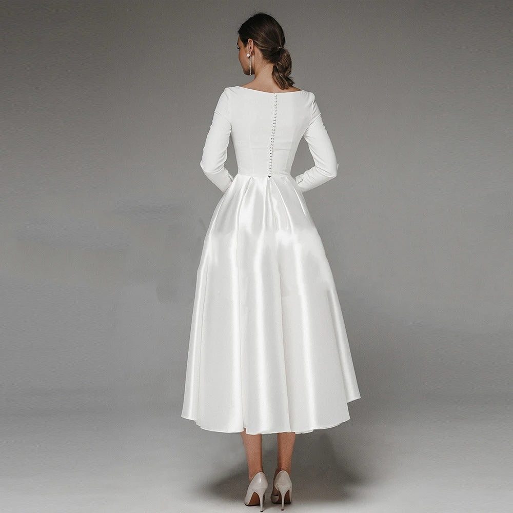 Lightweight Wedding Dress Midi-length Long-sleeve Bridal Gown - Ivory White / 16W