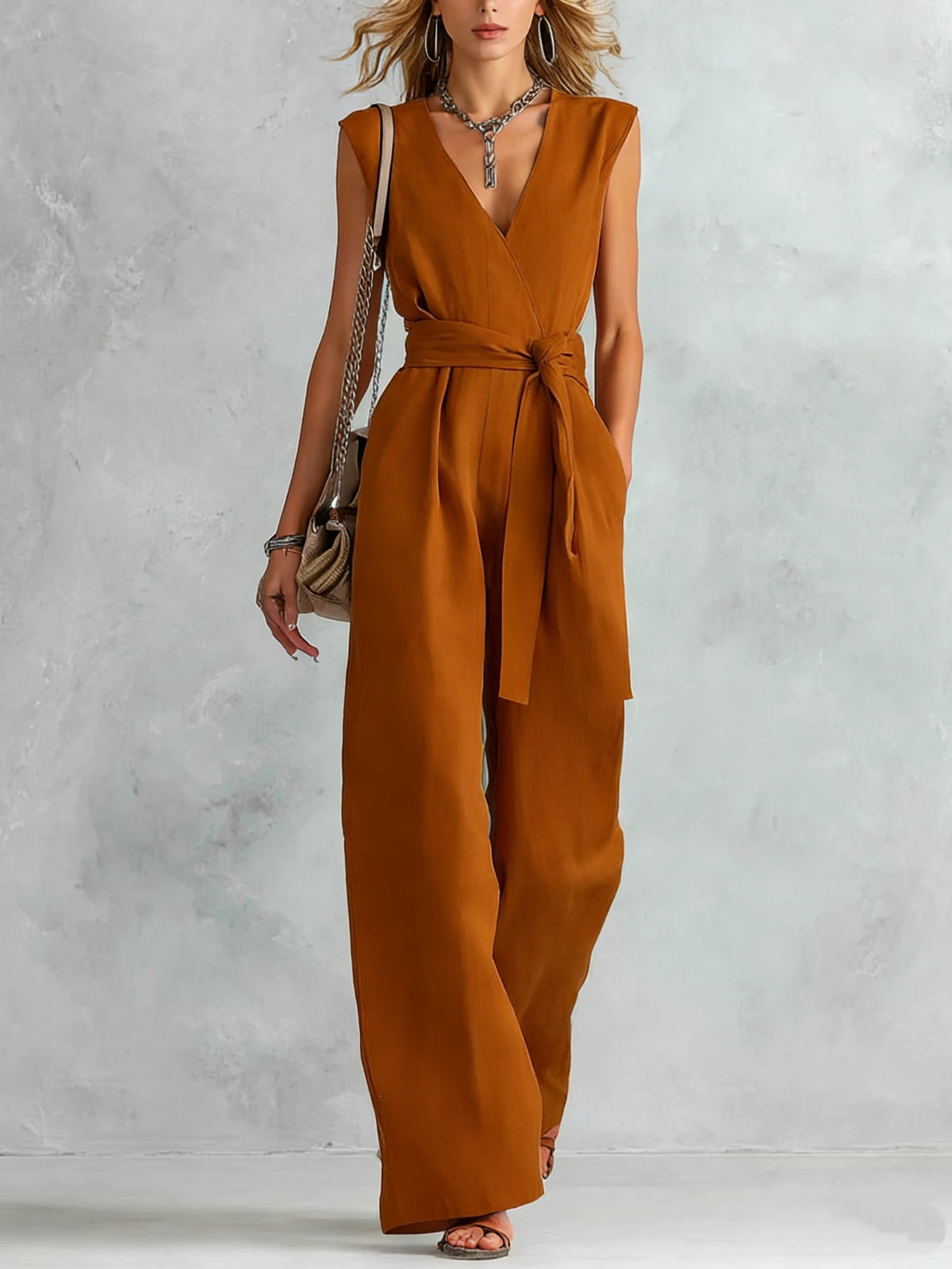 Women's Fashion New cross border V-Neck Wide-Leg Sleeveless Belted Women's Jumpsuit - Bronze / 2XL