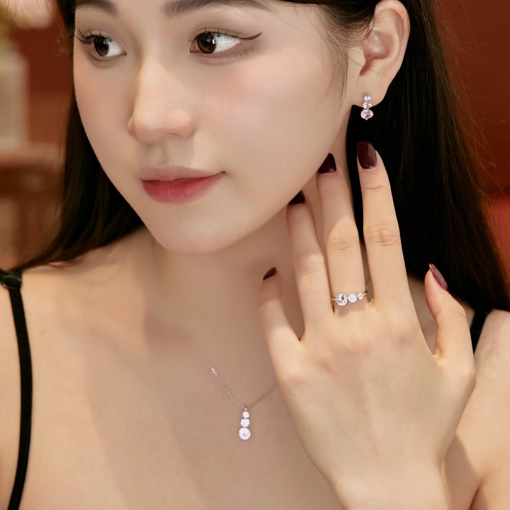Sterling Silver Round Zircon Ring Necklace And Earring Set - DY190599 S W WH / 925 Silver