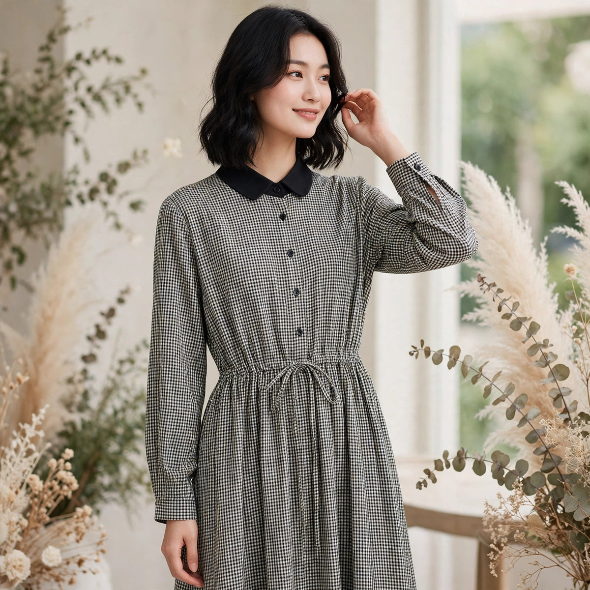 Stylish Plaid Drawstring Casual Dress