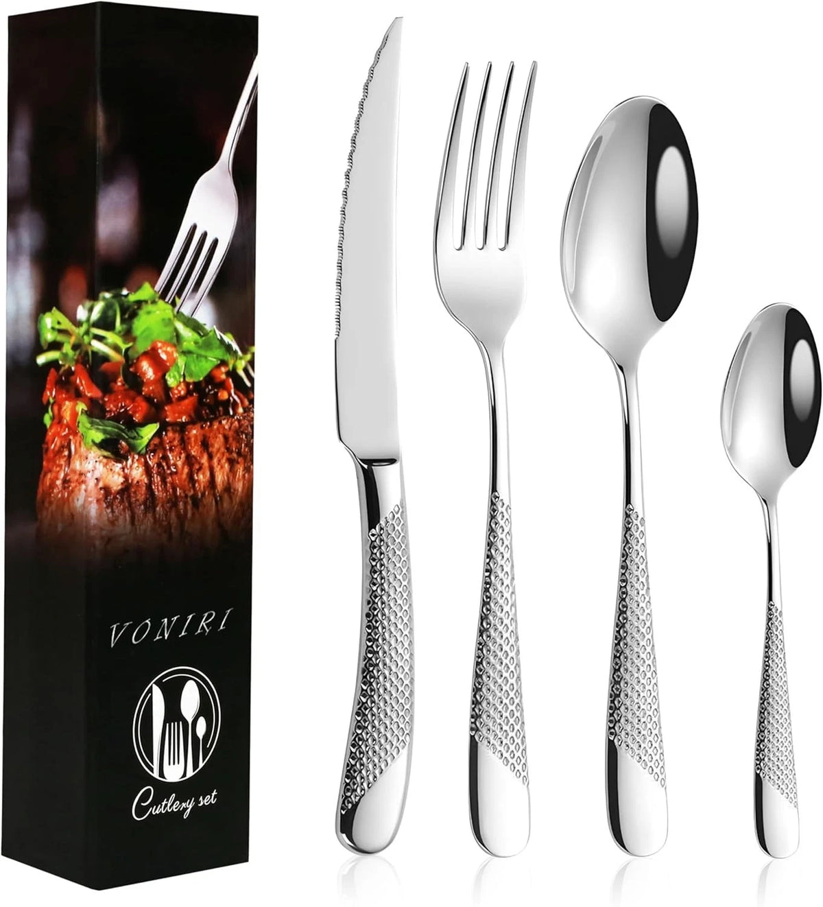 16Pcs Knife Forks & Spoons and Teaspoons Stainless Steel set - Two tone in sliver