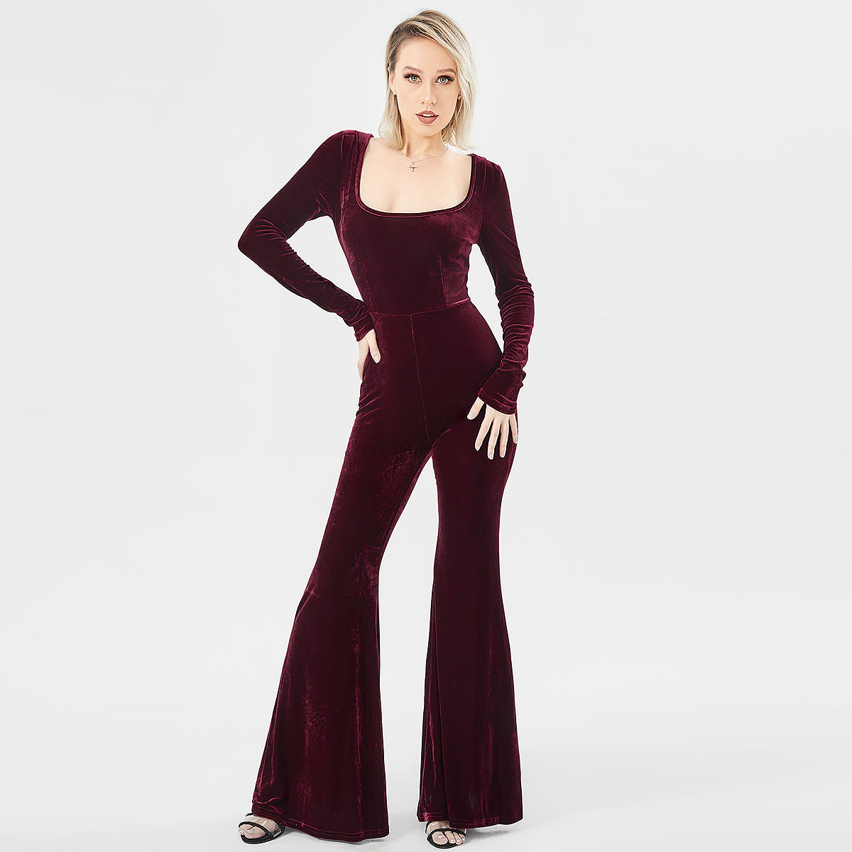 Women's Long Sleeve Velvet Fashion Jumpsuit - Red / L