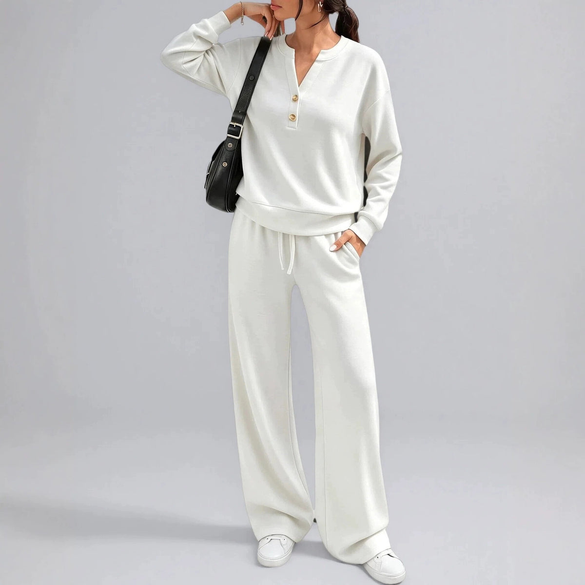 Women Loose Long-sleeve Top And Wide-leg Pants Casual Two-piece Set - Apricot color / L
