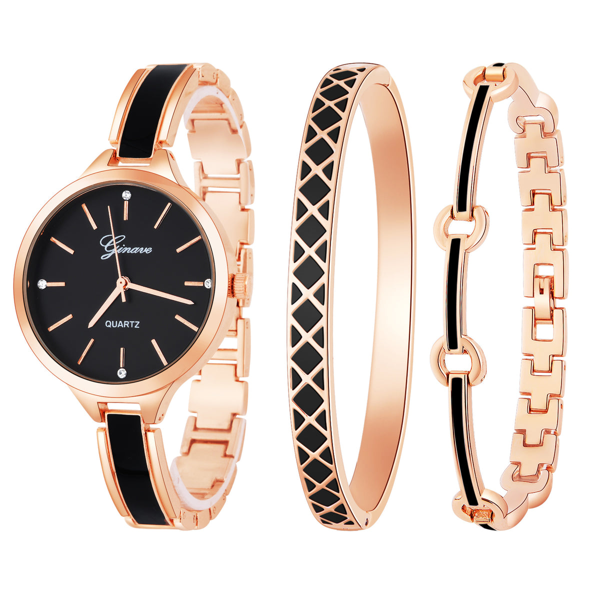 Quartz watch bracelet women's three-pieces - Rose Black