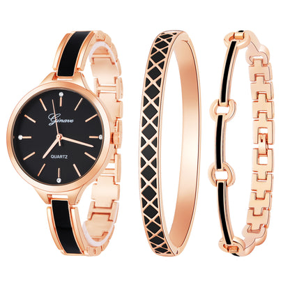 Quartz watch bracelet women's three-pieces - Rose Black