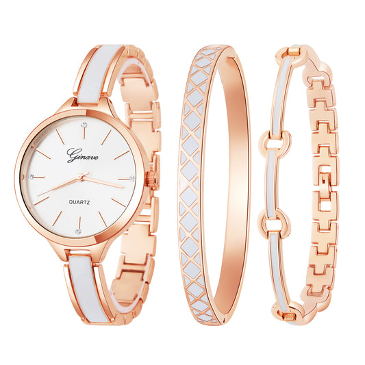 Quartz watch bracelet women's three-pieces - Rose White