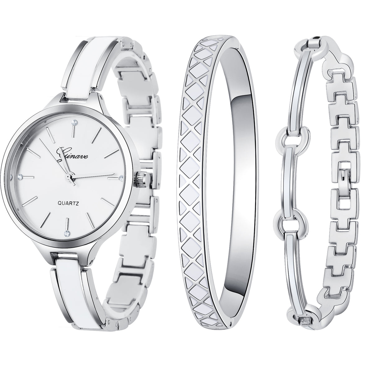Quartz watch bracelet women's three-pieces - Silvery white