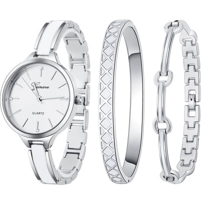 Quartz watch bracelet women's three-pieces - Silvery white