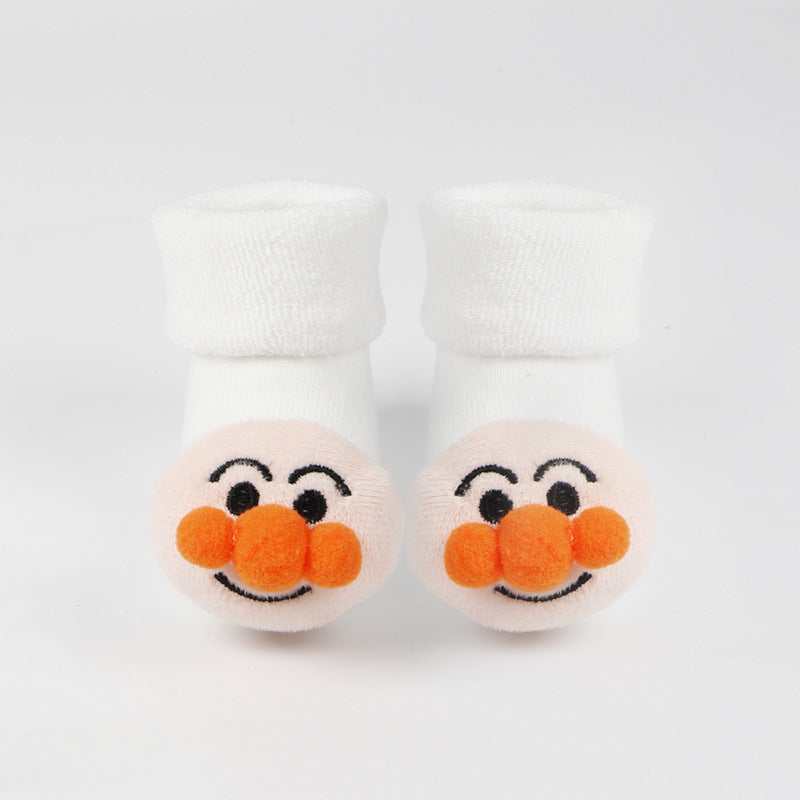 Anti-Slip Baby Floor Socks - Thick Combed Cotton Cartoon Design - White / M