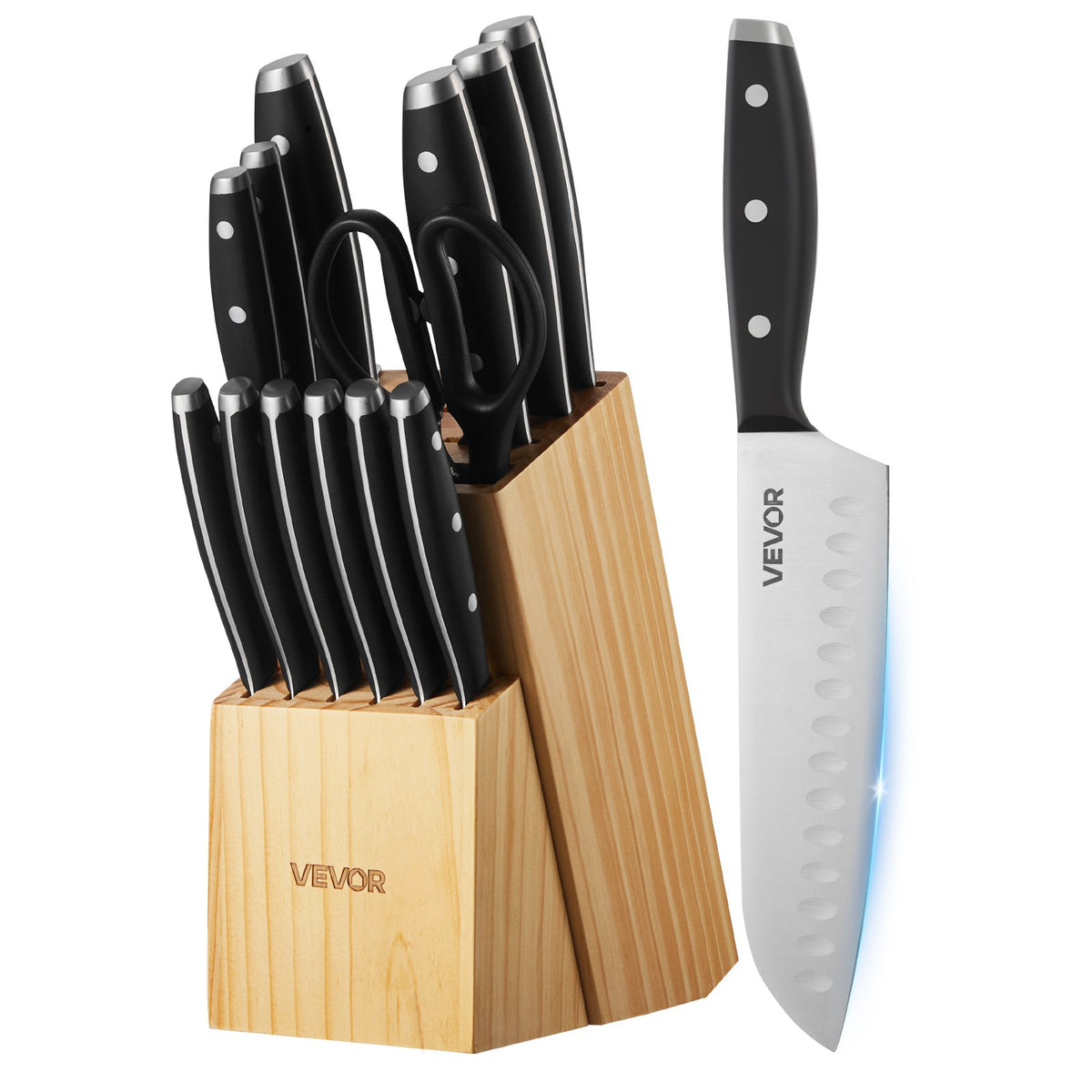 15-Piece High Carbon Stainless Steel kitchen Knife Set - Natural wood color