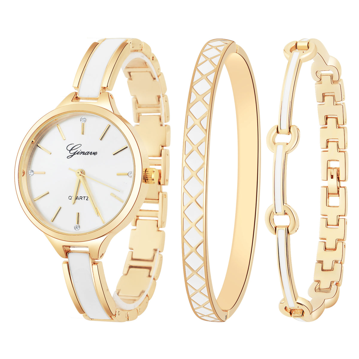 Quartz watch bracelet women's three-pieces - Golden white