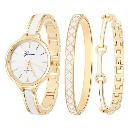 Quartz watch bracelet women's three-pieces - Golden white
