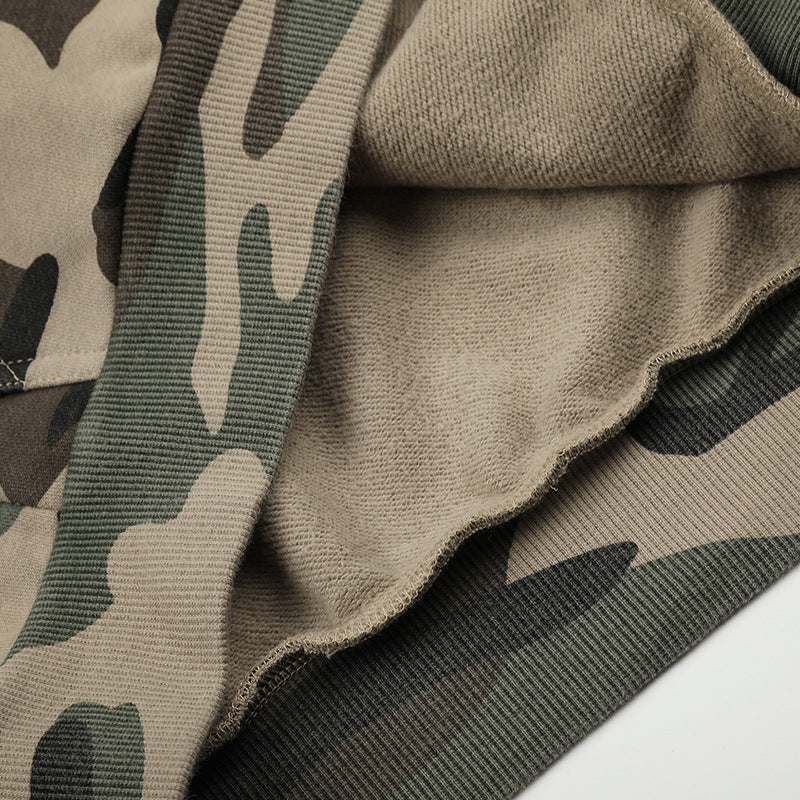 American-style Vintage-print Zip-up Cropped Hoodie - Camouflage Color / L