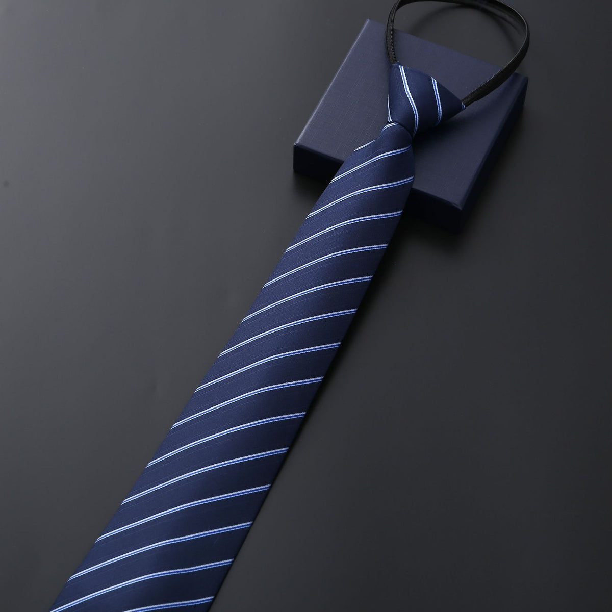 Mens Business Formal Zipper Tie With Blue Stripes - Black Rough Pattern