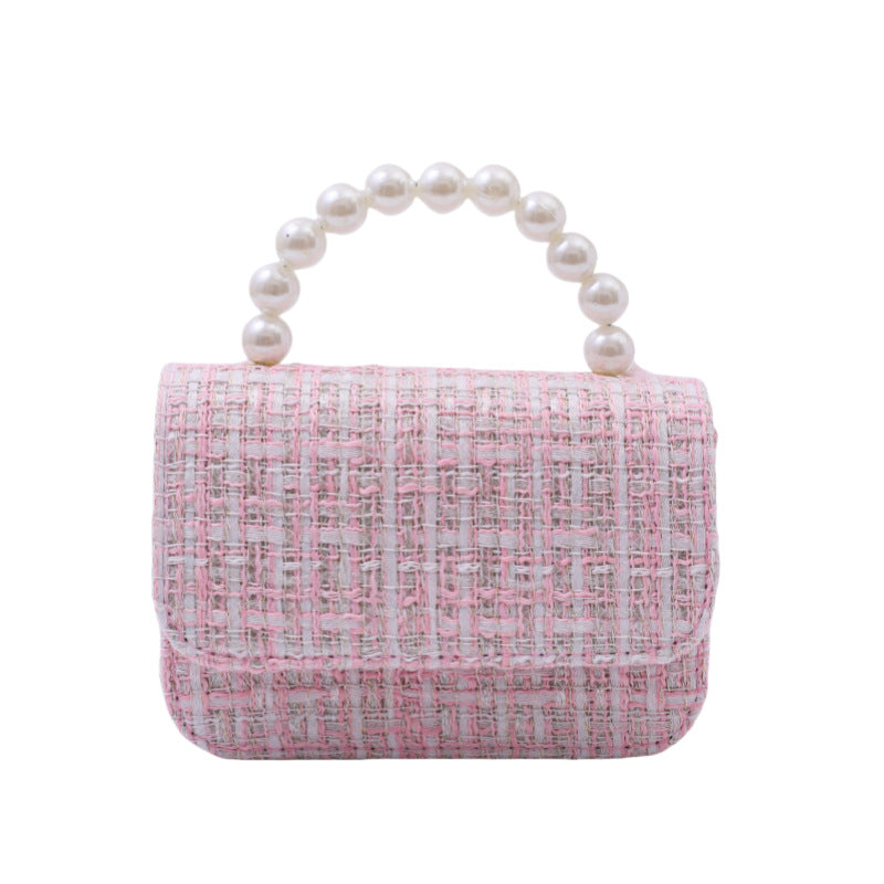 Linen Pearl-Handled Tote Bag for Kids - PU Cotton Geometric - Beige