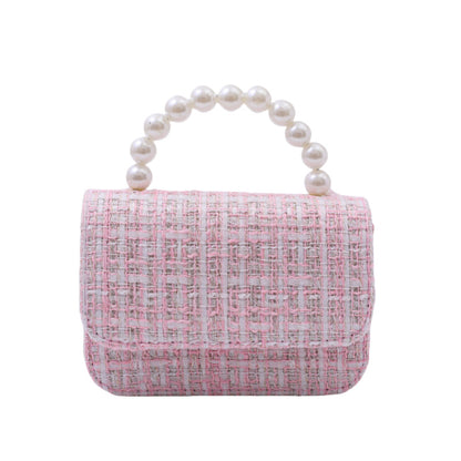 Linen Pearl-Handled Tote Bag for Kids - PU Cotton Geometric - Beige