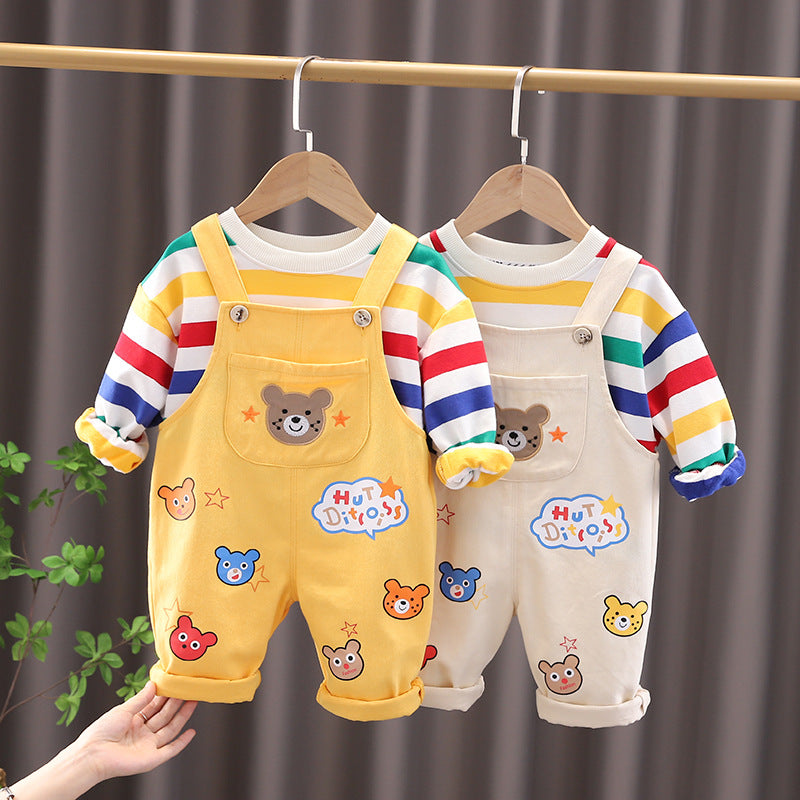 Boys' Plaid Shirt and Overalls 2-Piece Cotton Suit Set - Beige / 100cm