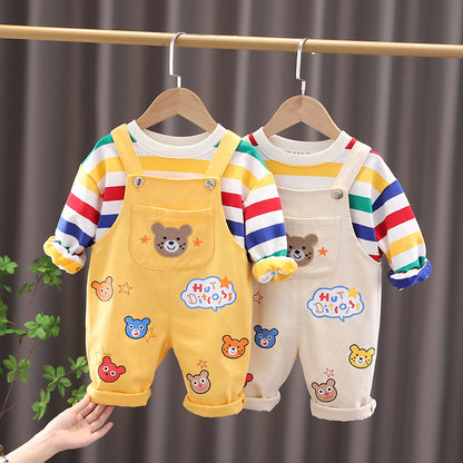 Boys' Plaid Shirt and Overalls 2-Piece Cotton Suit Set - Beige / 100cm