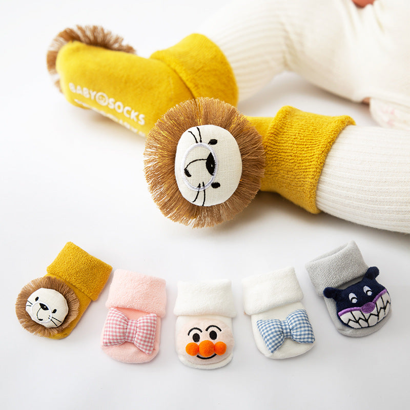 Anti-Slip Baby Floor Socks - Thick Combed Cotton Cartoon Design - Blue / M