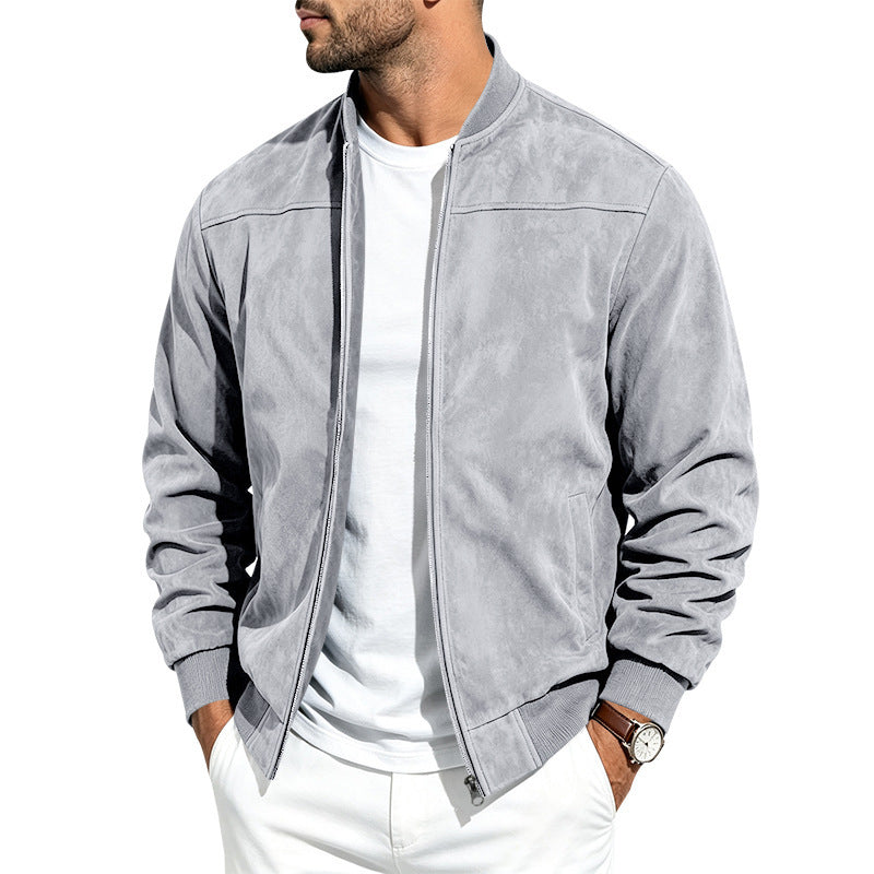 Suede Long-sleeve Zip-up Jacket - Light Gray / 2XL