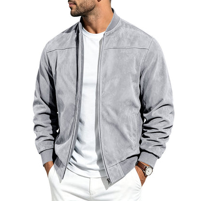 Suede Long-sleeve Zip-up Jacket - Light Gray / 2XL