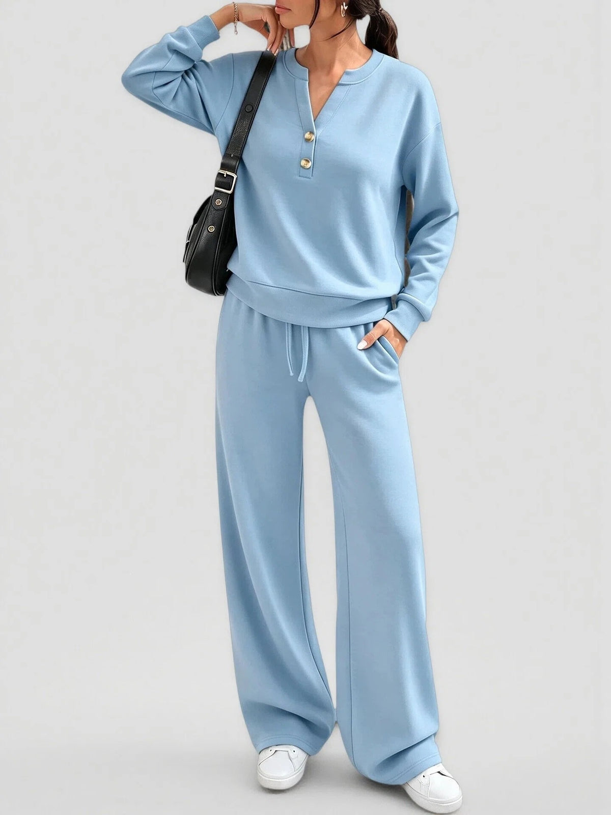 Women Loose Long-sleeve Top And Wide-leg Pants Casual Two-piece Set - light blue / L