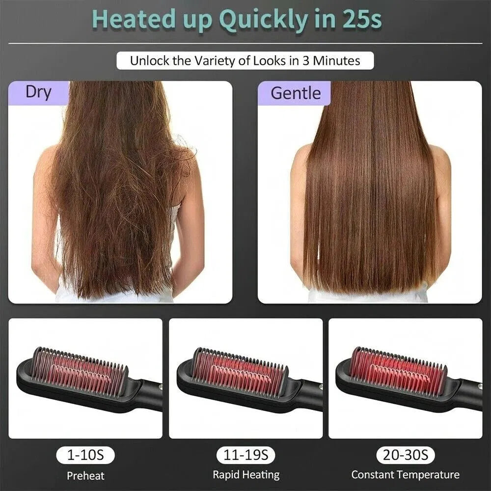 Electric Hair Straightener Brush & Hot Comb - Black