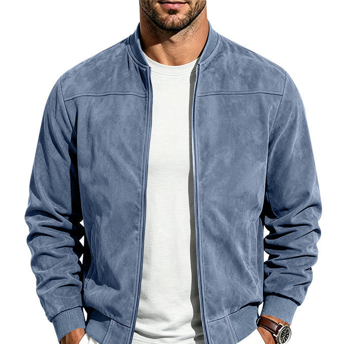 Suede Long-sleeve Zip-up Jacket - Army Green / 2XL