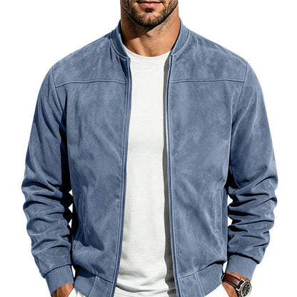 Suede Long-sleeve Zip-up Jacket - Army Green / 2XL