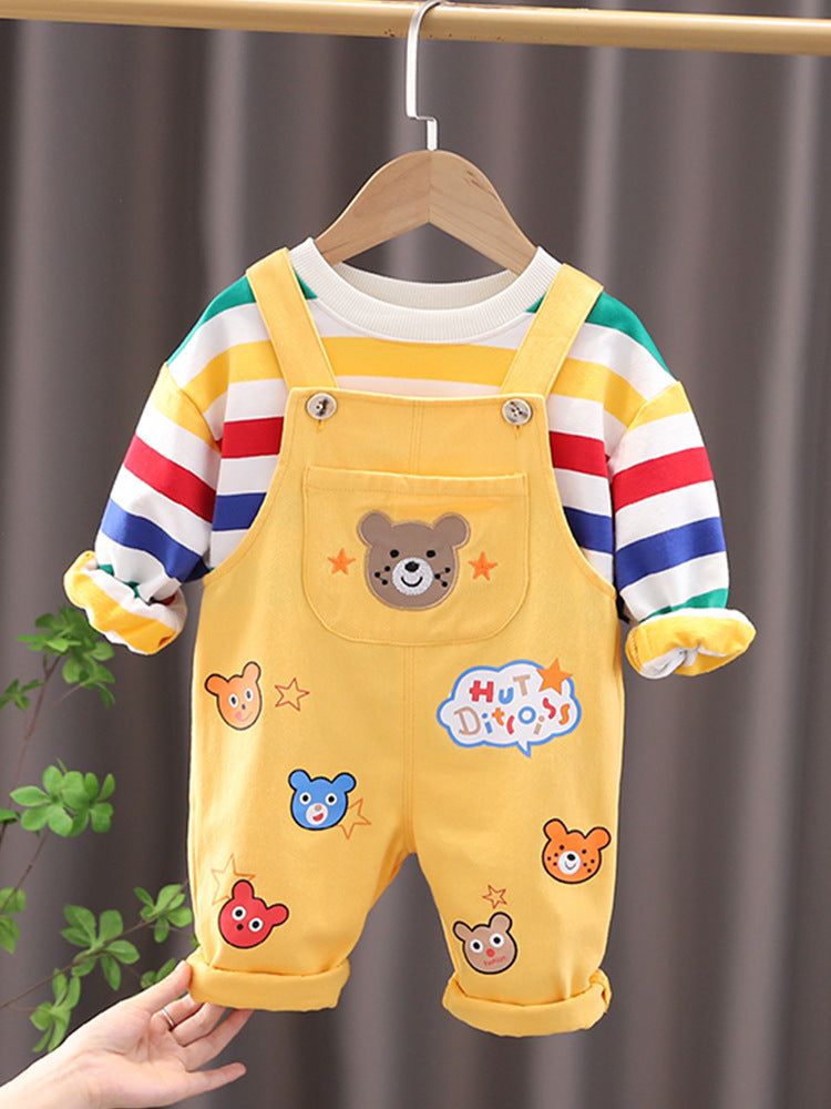 Boys' Plaid Shirt and Overalls 2-Piece Cotton Suit Set - Beige / 100cm