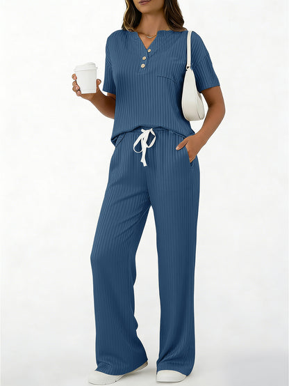 American Style Casual Ribbed Knit Two-piece Women set - Blue / L