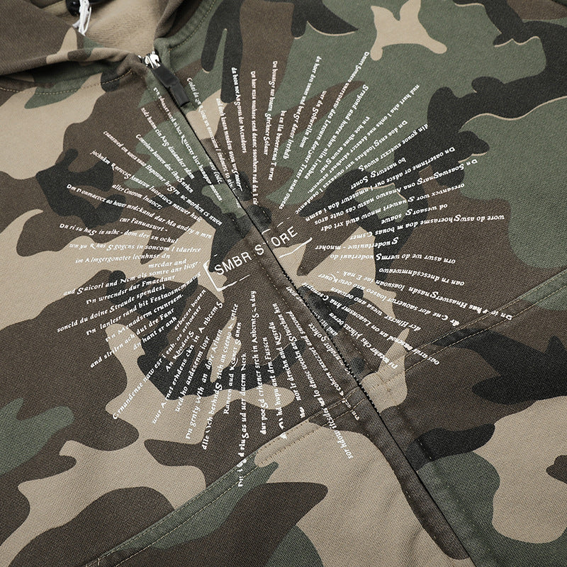 American-style Vintage-print Zip-up Cropped Hoodie - Camouflage Color / L