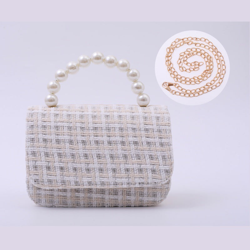Linen Pearl-Handled Tote Bag for Kids - PU Cotton Geometric - Beige