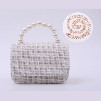 Linen Pearl-Handled Tote Bag for Kids - PU Cotton Geometric - Beige