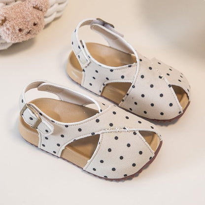 Kids Polka Dot Summer Roman Sandals | Soft Sole Flats - Beige / 23
