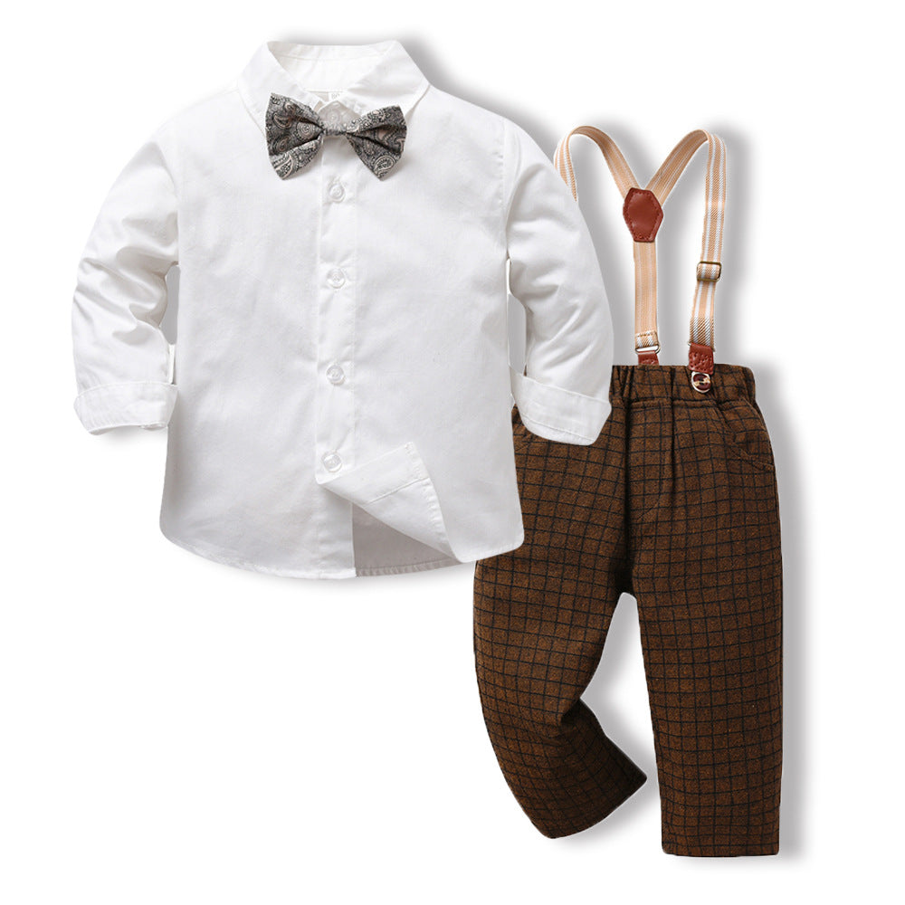 Boys' Plaid Suspender Pants Suit with Bow Tie - White / 100cm