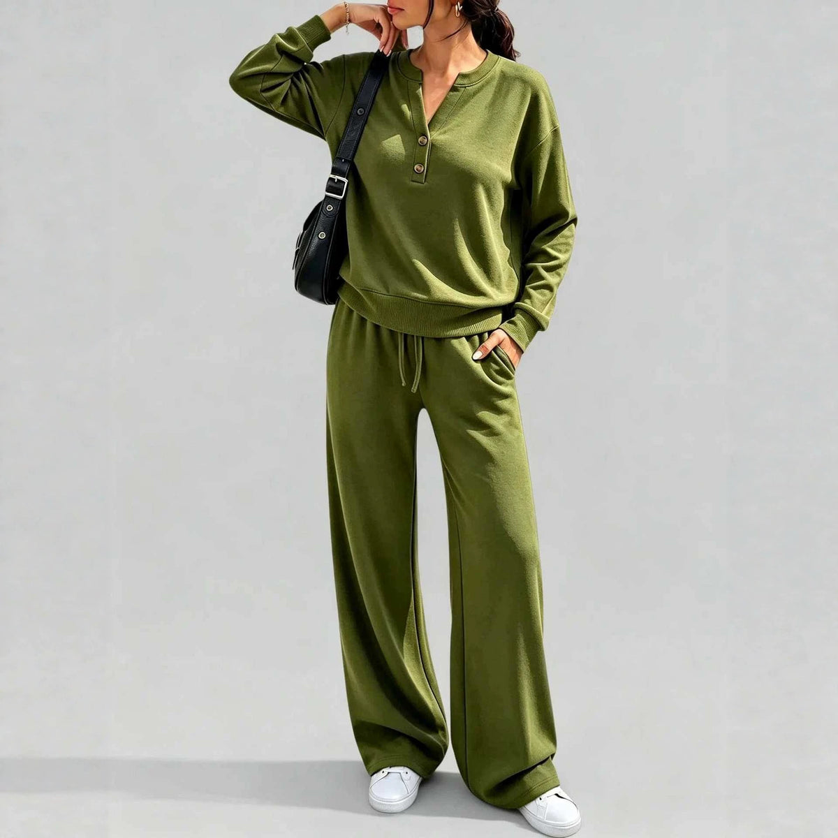 Women Loose Long-sleeve Top And Wide-leg Pants Casual Two-piece Set - Apricot color / L