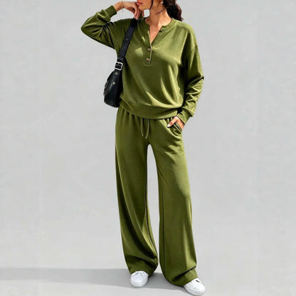 Women Loose Long-sleeve Top And Wide-leg Pants Casual Two-piece Set - Apricot color / L
