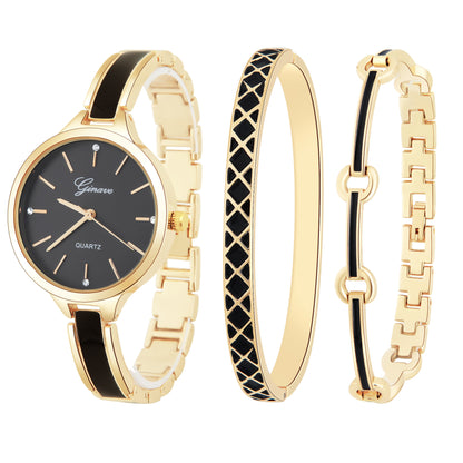 Quartz watch bracelet women's three-pieces - Golden black