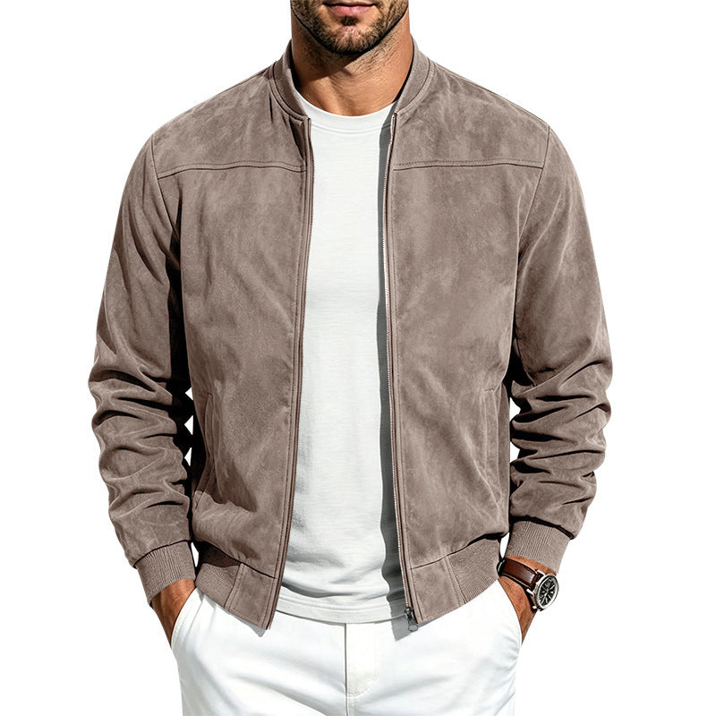 Suede Long-sleeve Zip-up Jacket - Army Green / 2XL