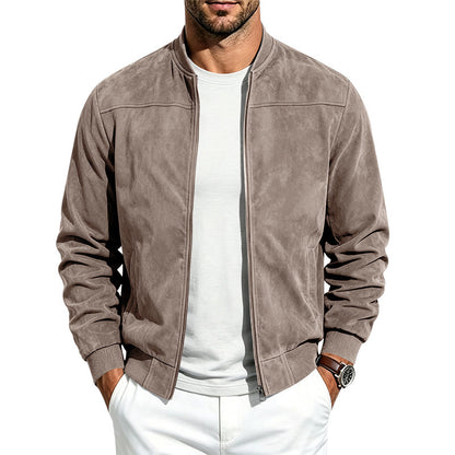 Suede Long-sleeve Zip-up Jacket - Army Green / 2XL