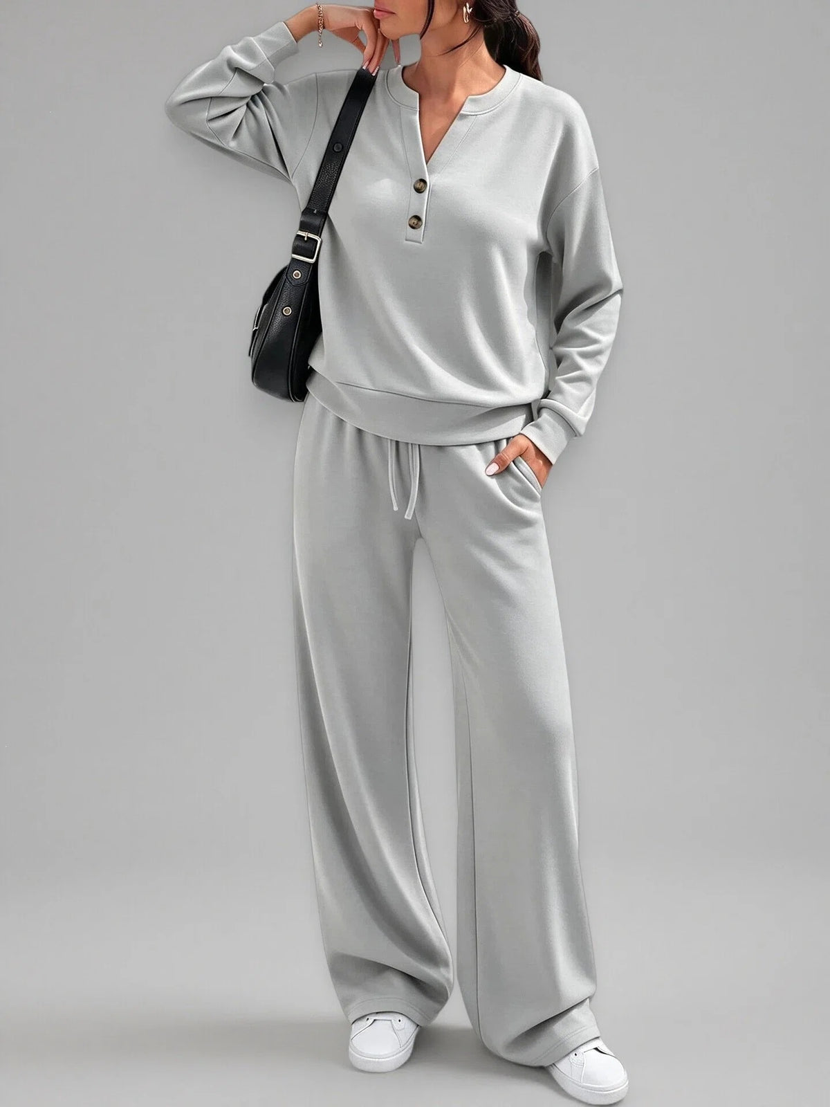 Women Loose Long-sleeve Top And Wide-leg Pants Casual Two-piece Set - Light gray / L