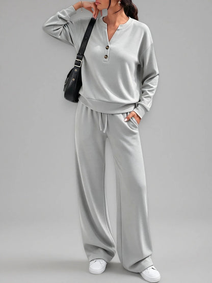Women Loose Long-sleeve Top And Wide-leg Pants Casual Two-piece Set - Light gray / L