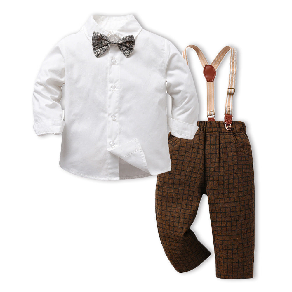 Boys' Plaid Suspender Pants Suit with Bow Tie - White / 100cm