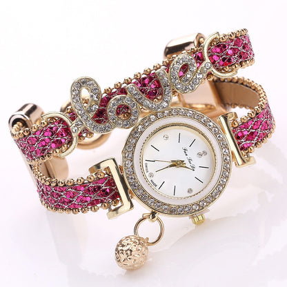 Women Bracelet Ladies Watch Diamond stones Clock Gift - Rose Red