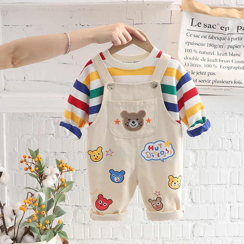 Boys' Plaid Shirt and Overalls 2-Piece Cotton Suit Set - Beige / 100cm