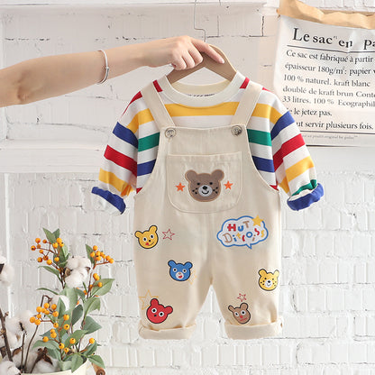 Boys' Plaid Shirt and Overalls 2-Piece Cotton Suit Set - Beige / 100cm