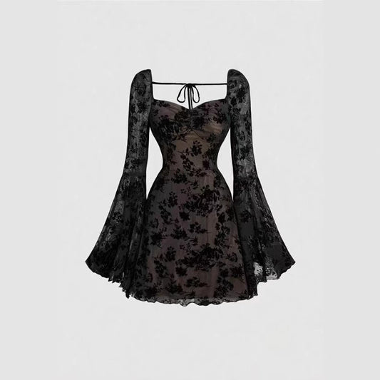 Black Floral Lace A- Line Short Top Skirt - L / Black