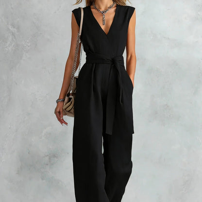 Women's Fashion New cross border V-Neck Wide-Leg Sleeveless Belted Women's Jumpsuit - Black / 2XL
